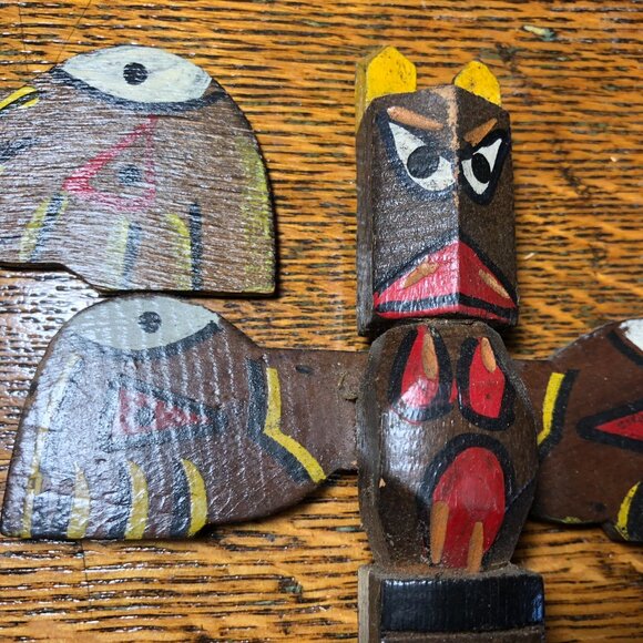 Vintage Carved Wood Native American Totem Pole Lot of 2 - Picture 3 of 8